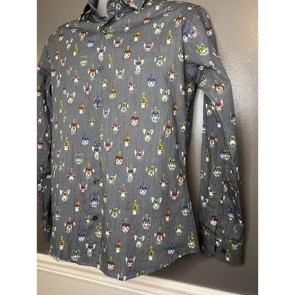 Jared Lang Shirt Mens Medium Gray Novelty Dog Print Button Front Cotton Casual - Picture 4 of 9